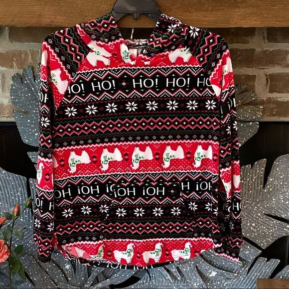 NWOT Size XL (15-17) Red & Black Fair Isle Llama Plush Velour Hoodie - Picture 1 of 4